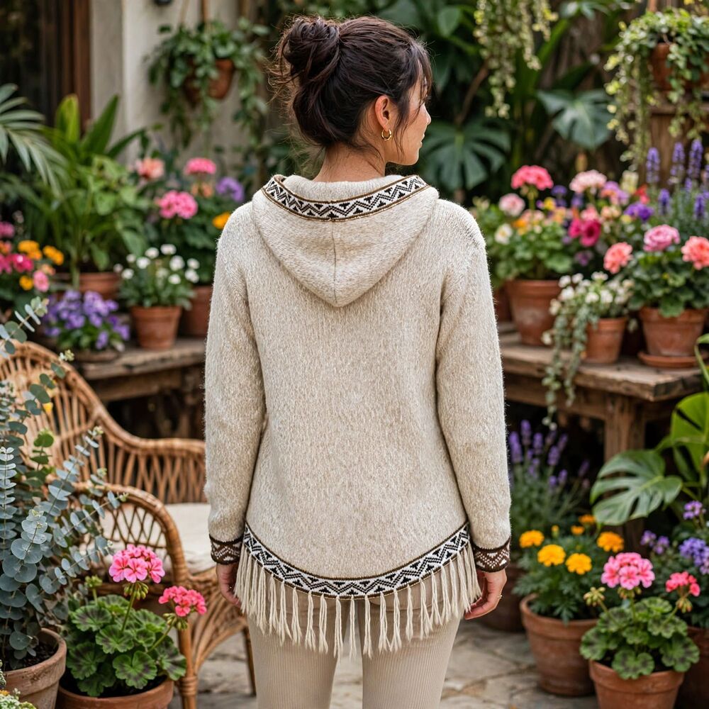 Handmade Peruvian Hooded Sweater XS-S Oatmeal Marled Fringe Boho Geometric Trim